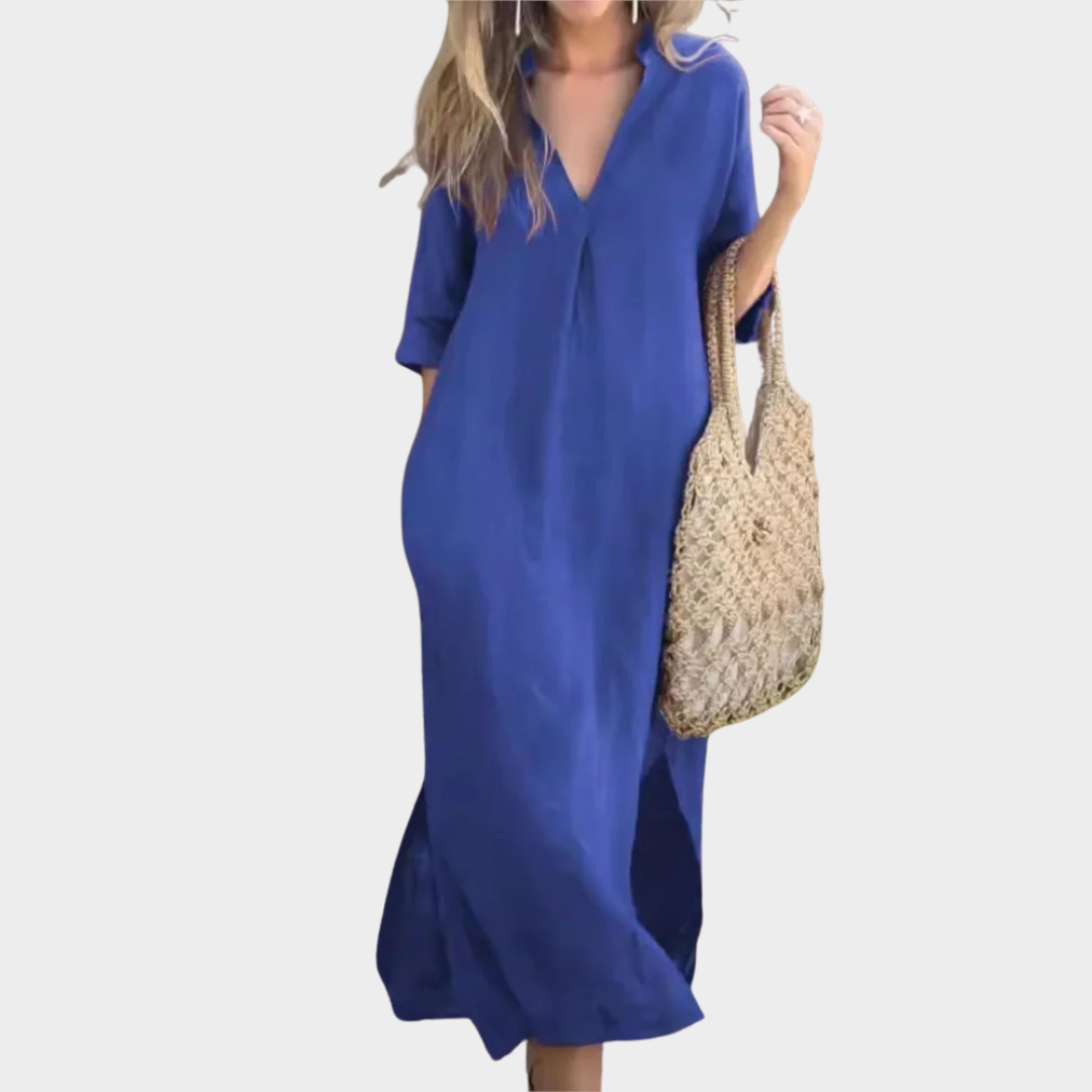 Women’s V-Neck Cotton Linen Dress – 7 Point Sleeve Side Slit Midi with Pockets – Lightweight Relaxed Fit Casual Style – Multiple Colours