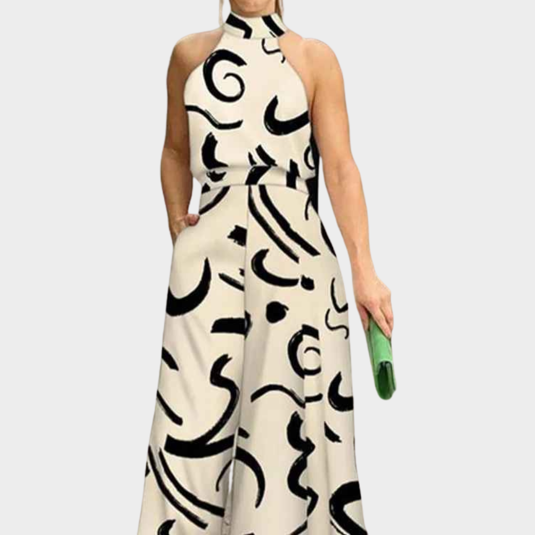 Women Sleeveless Wide Leg Jumpsuit – Elegant Printed Design with Belted Waist Cotton Blend – Multiple Colours