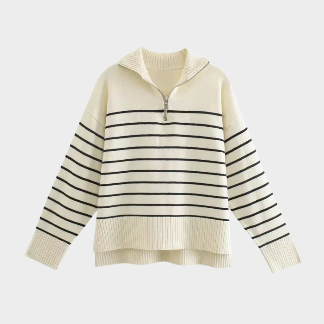 Women’s Vintage Chic Knit Sweater - Striped Zip-Up Design, Old Money Style, Cream White and Blue
