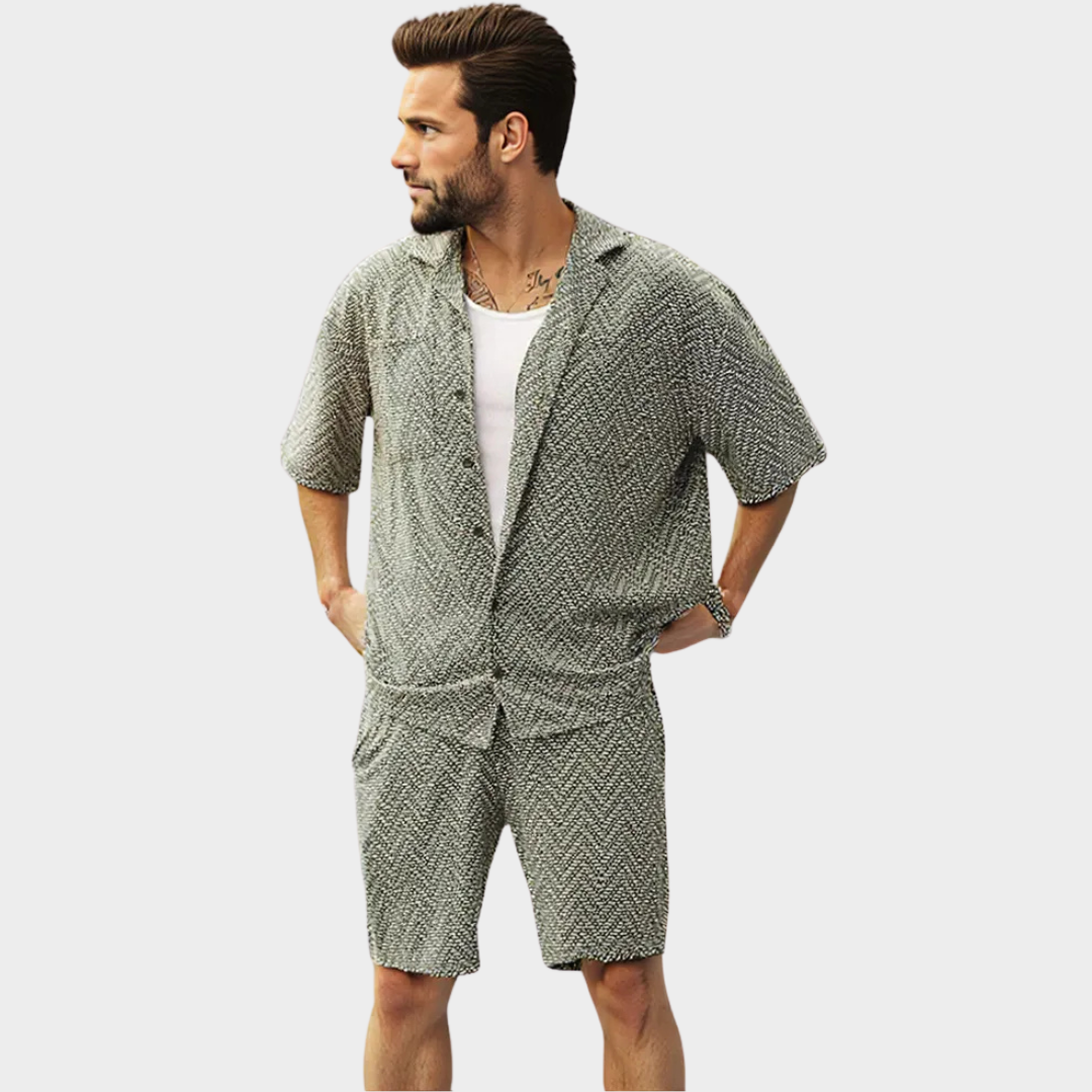 Men's Two-Piece Shirt & Shorts Set – Button-Up – Lapel Collar – Vintage Streetwear – Casual Outfit – Green