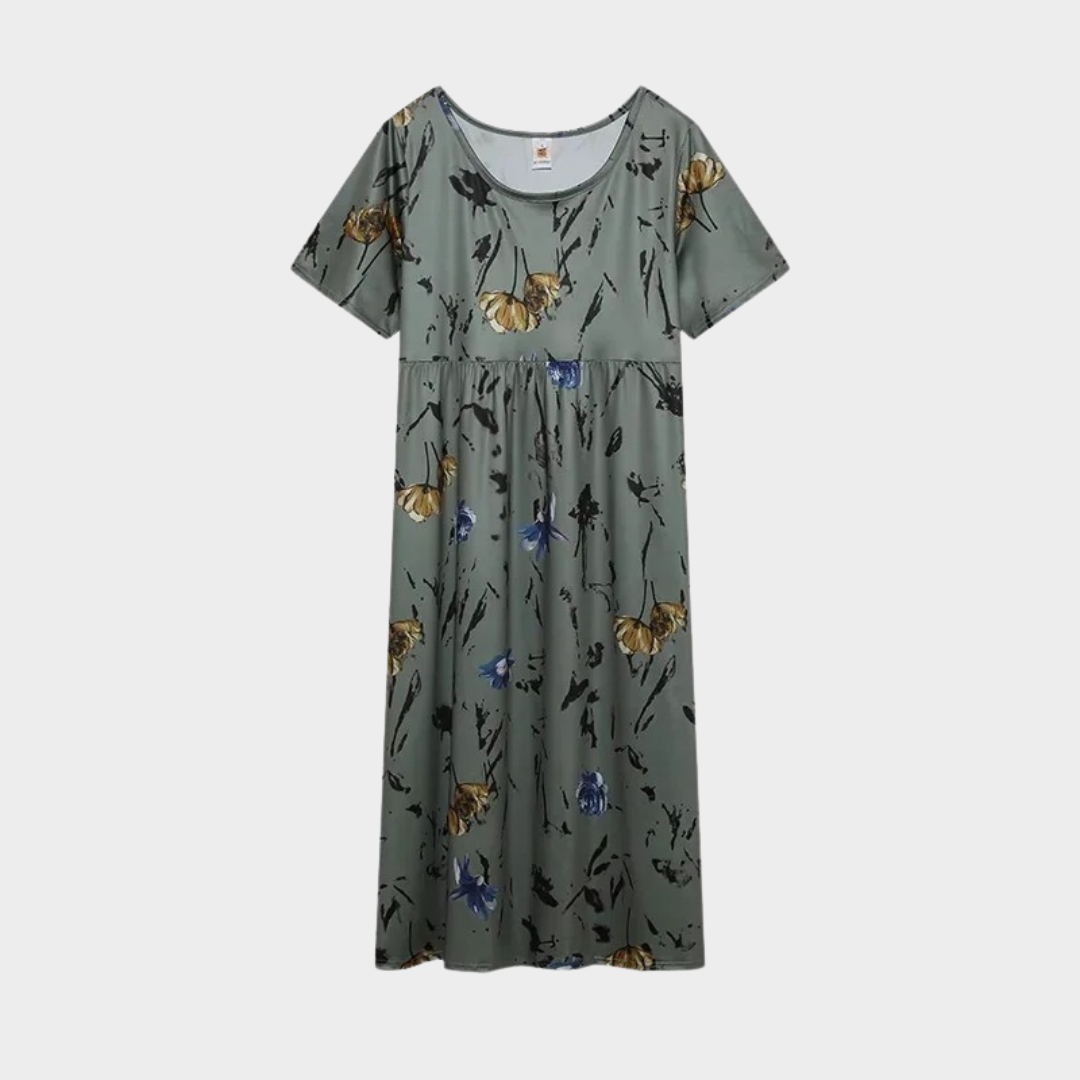 Women’s Vintage Floral Print Dress – Round Neck A-Line Fit with Short Sleeves – Lightweight and Flowy – Multiple Colours