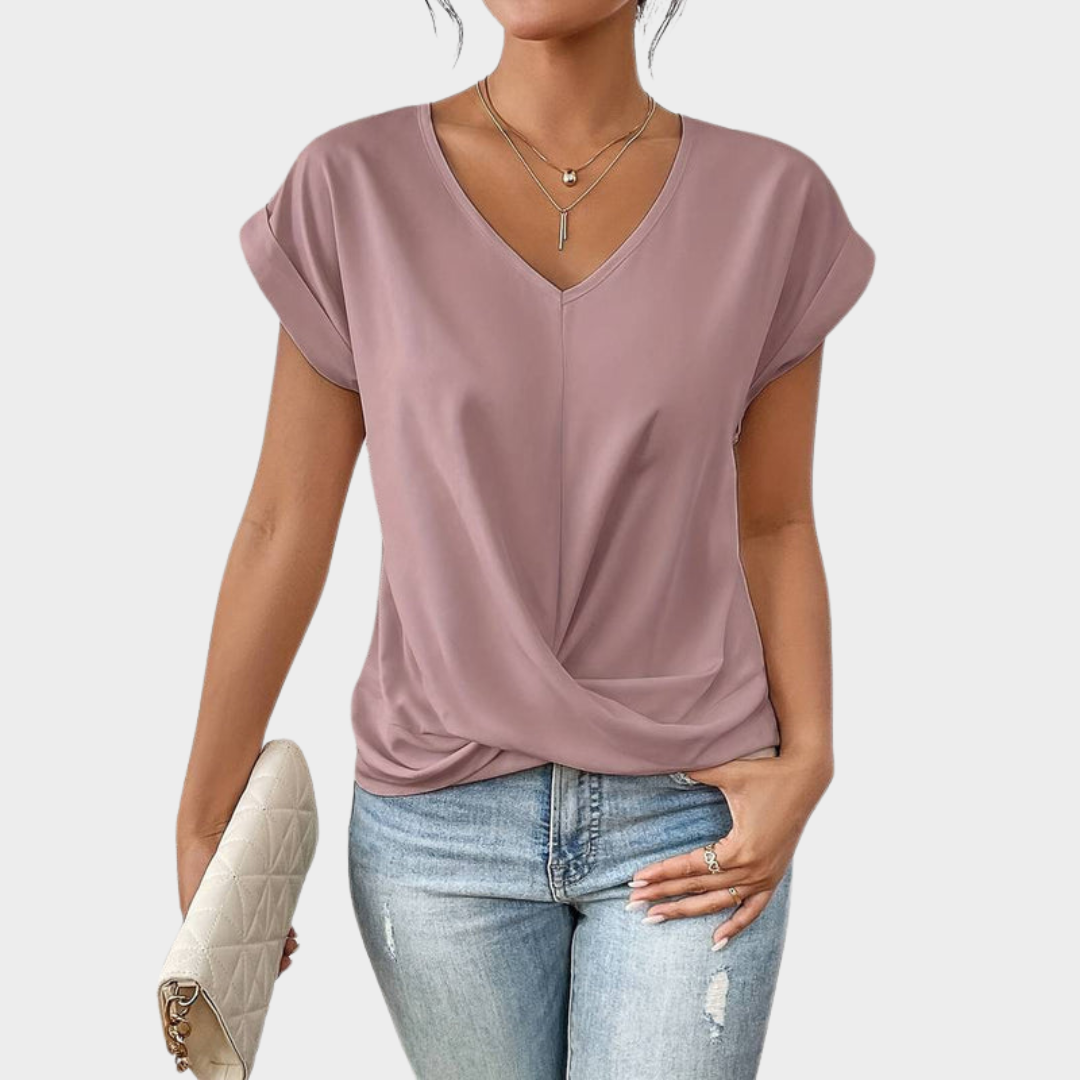 Women's V-Neck T-Shirt – Pleated Hem – Short Sleeve – Casual & Comfy – Soft Fabric – Multiple Colours
