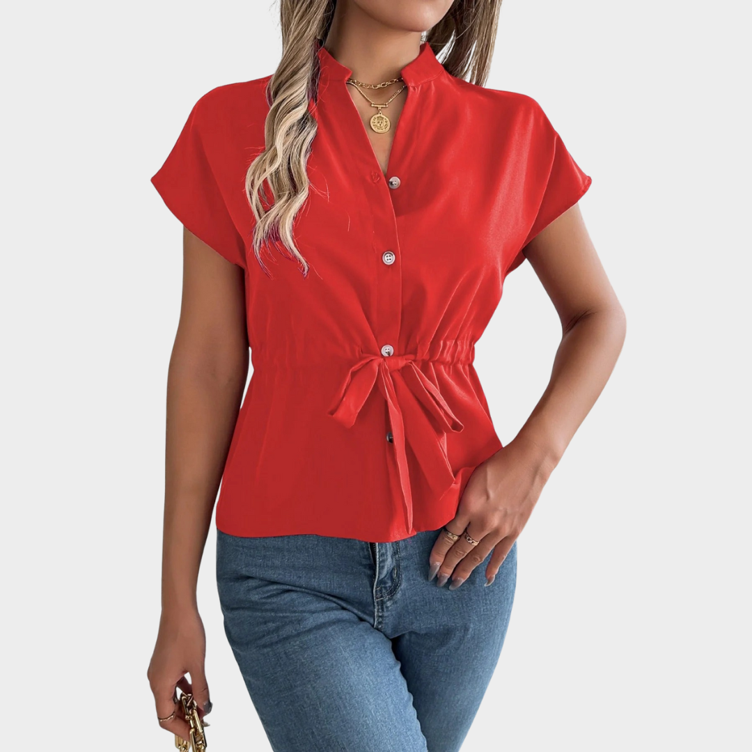 Women Button-Up Shirt – Elegant V-Neck Chiffon with Belt Style – Multiple Colours