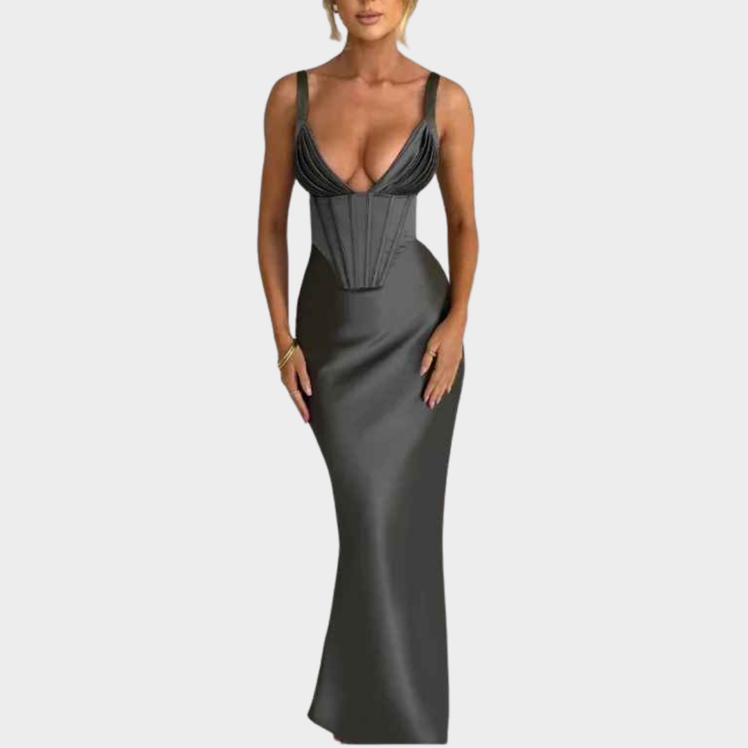 Women Corset Satin Mermaid Dress – Deep V Neck Backless Floor Length Bodycon Gown for Wedding Prom and Formal Evening – Multiple Colours