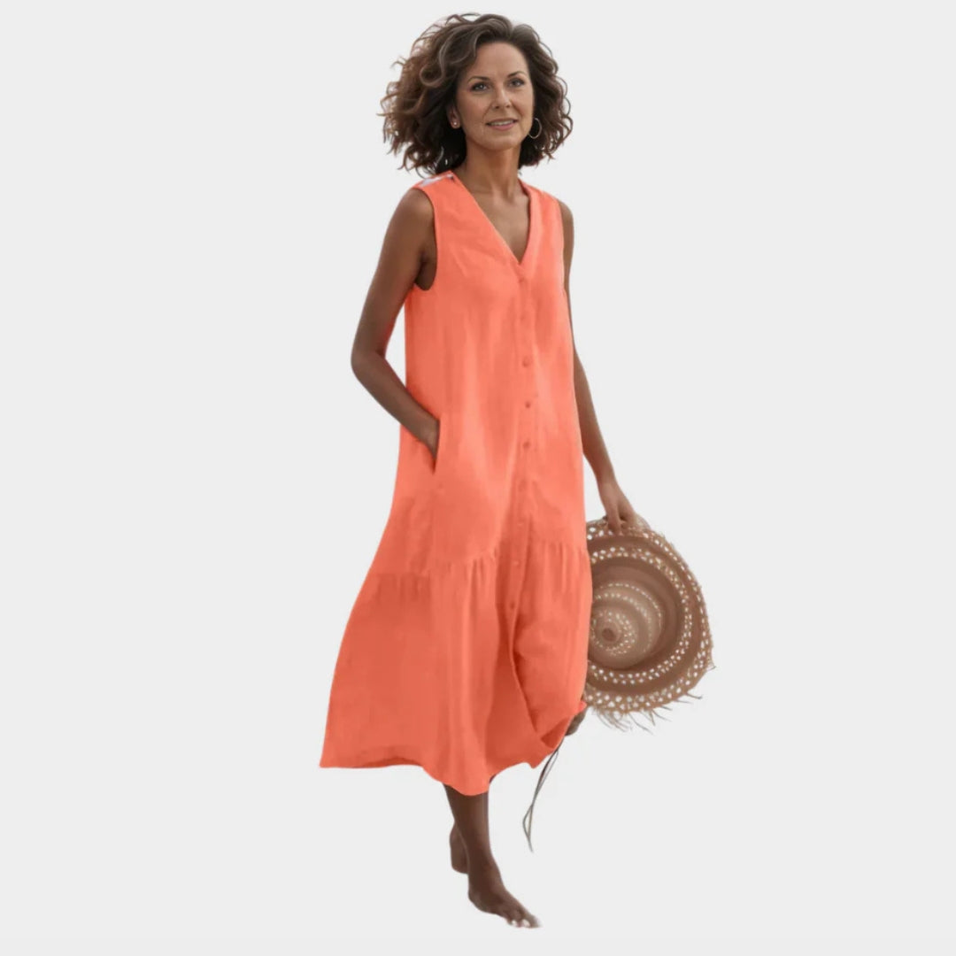 Women's Sleeveless Summer Dress – V-Neck Button-Down Swing Style with Pocket (Purple, Green, Orange, and More)