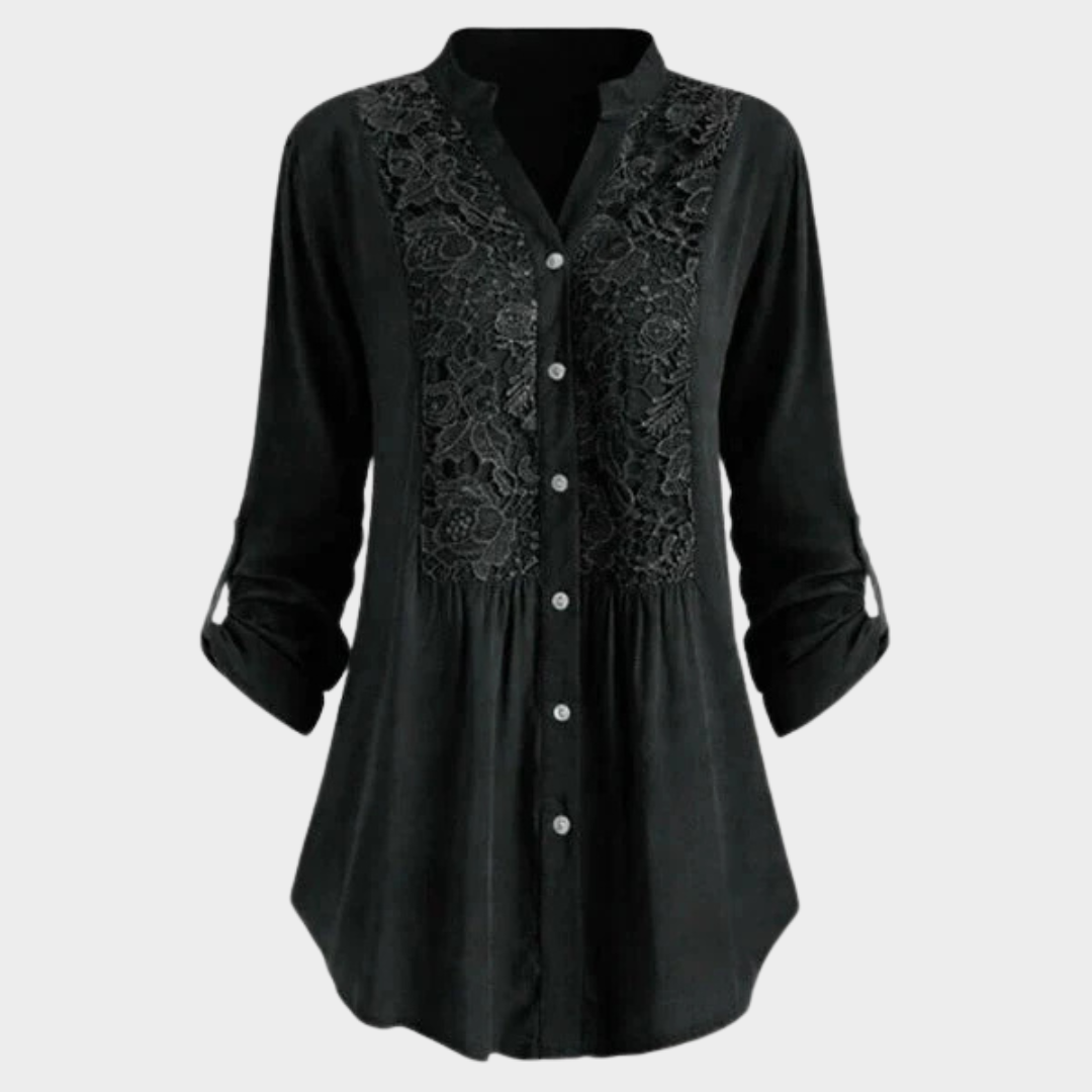 Women's Lace V-Neck Shirt – Loose Fit – Button Down – Long Sleeve Blouse – Elegant Casual Wear – Multiple Colours