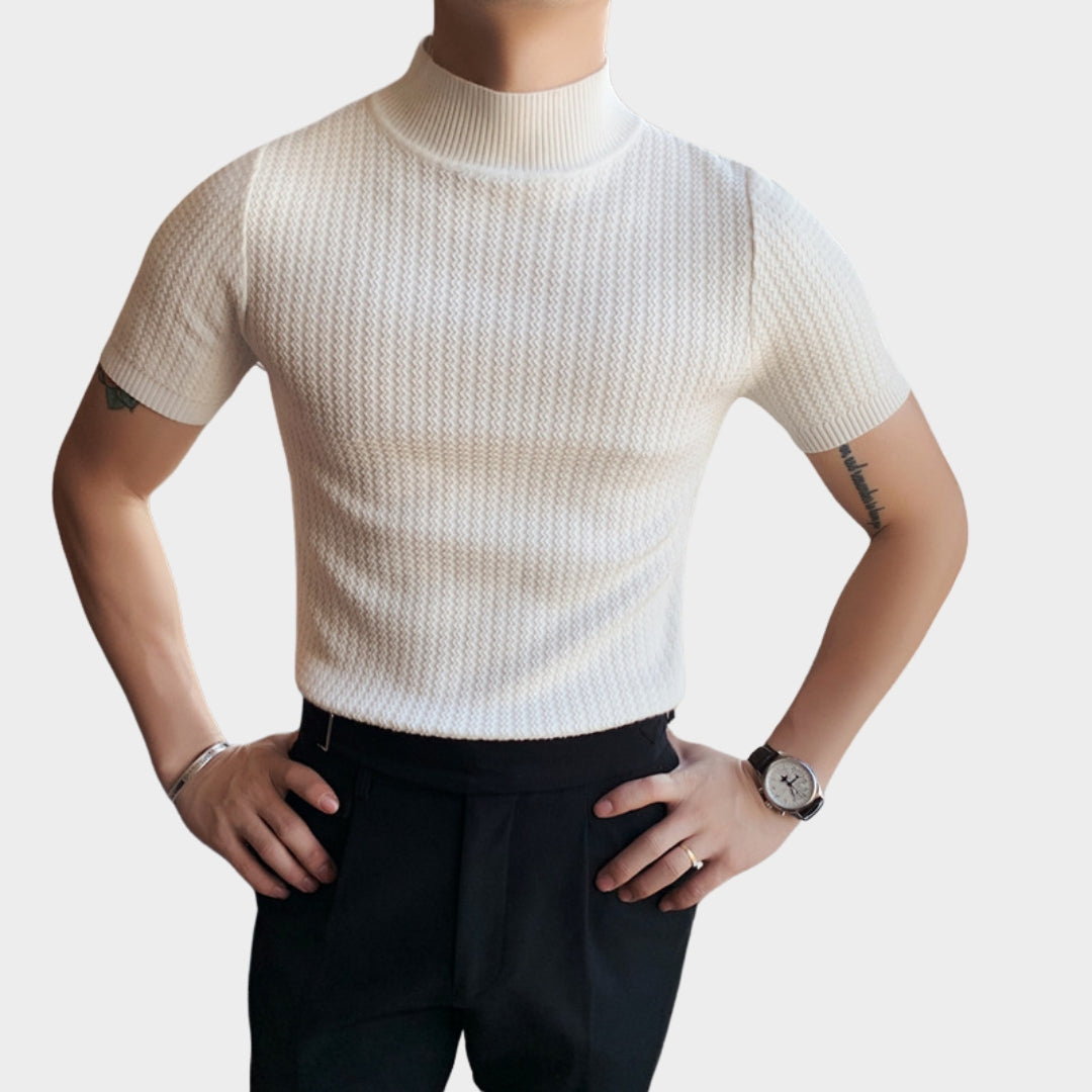 Men’s Short Sleeve Knitted Sweater – Slim Fit Half High Neck Pullover, Black, White, Blue