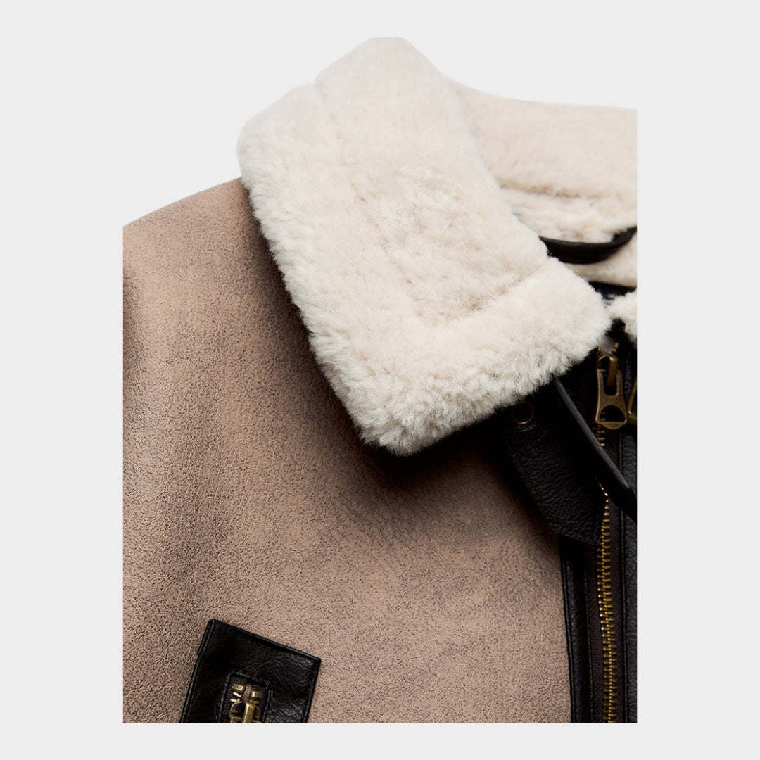 Women’s Retro Faux Leather Short Coat – Loose Fit, Soft Fur Lining, Zipper Belt Jacket (Khaki)