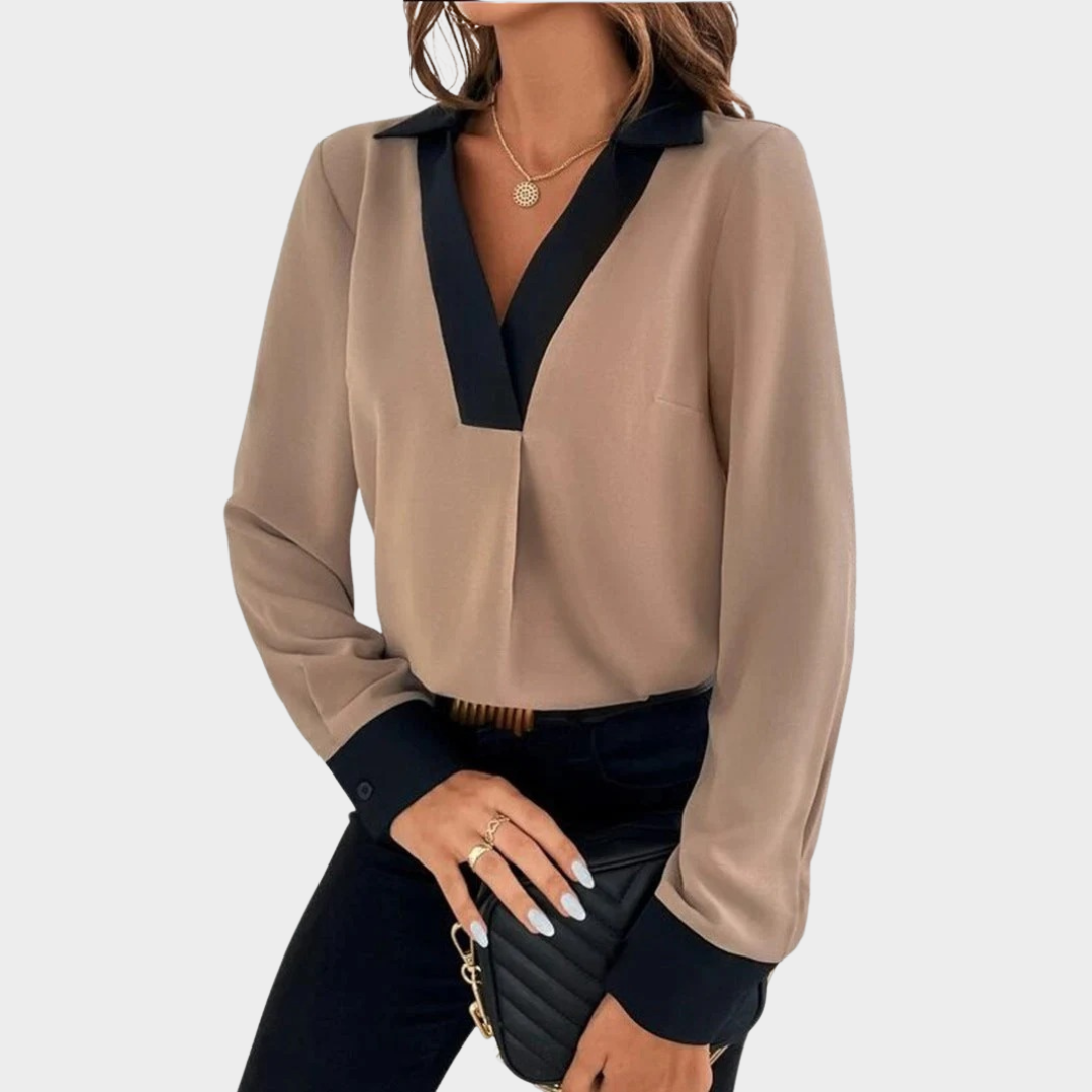 Women’s V-Neck Blouse – Contrast Trim Long Sleeve Top – Lightweight Breathable Fit – Soft Fabric Blend – Multiple Colours