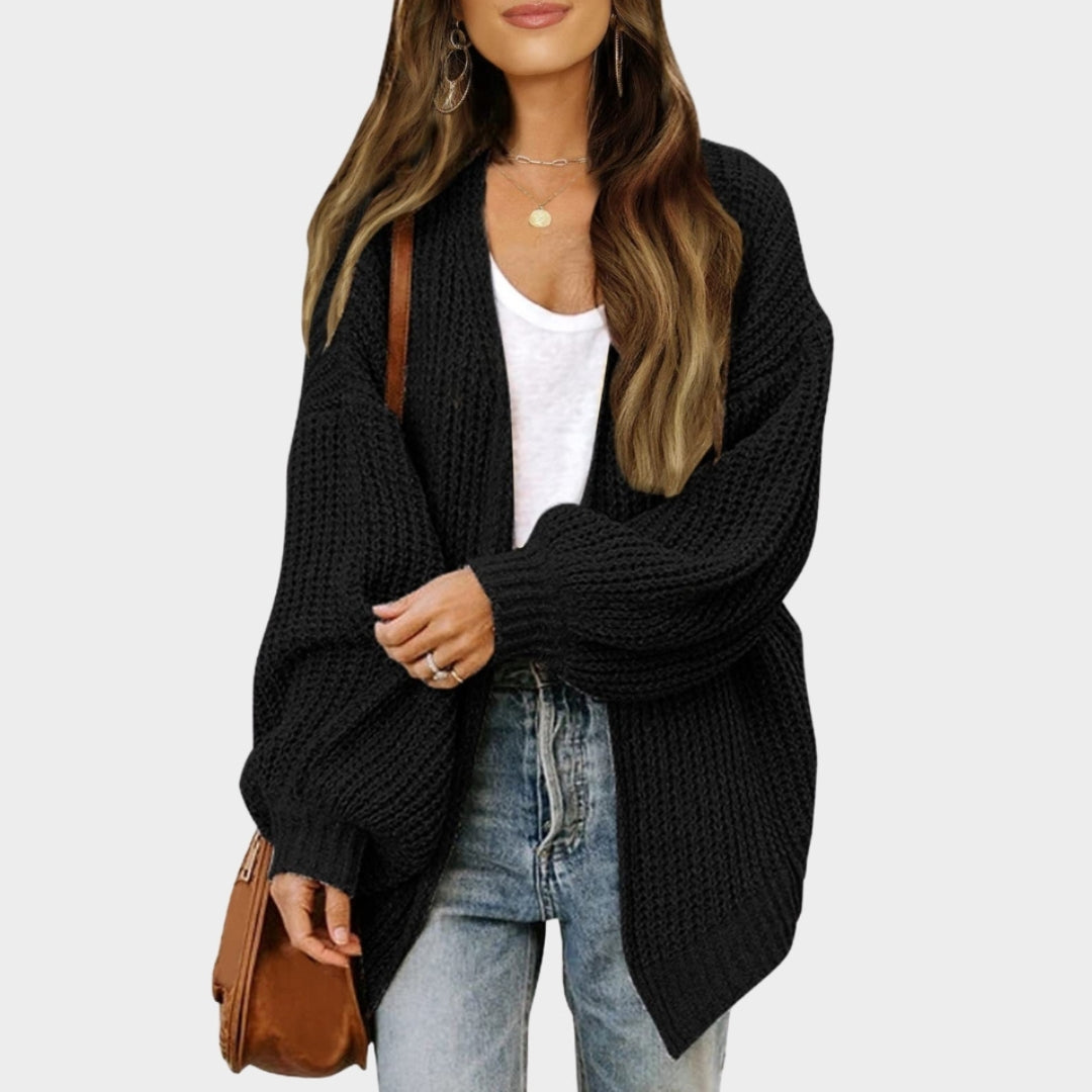 Women's Lantern Sleeve Thick Needle Cardigan – Cozy Knitted Sweater Coat, Black, Beige, and More