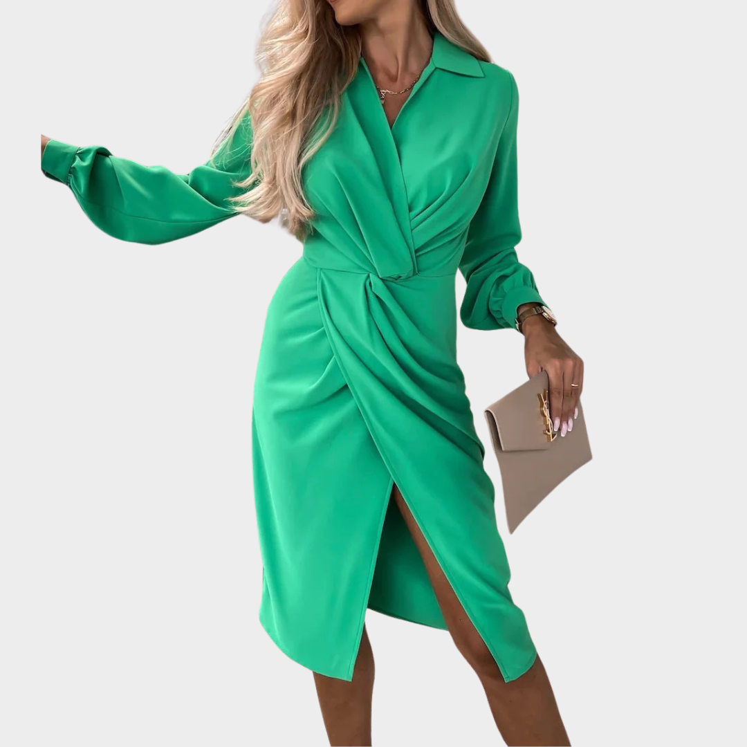 Women’s Long Sleeve Dress – Elegant Slim Fit Party Office Shirt Dress with Turn-Down Collar – Multiple Colours