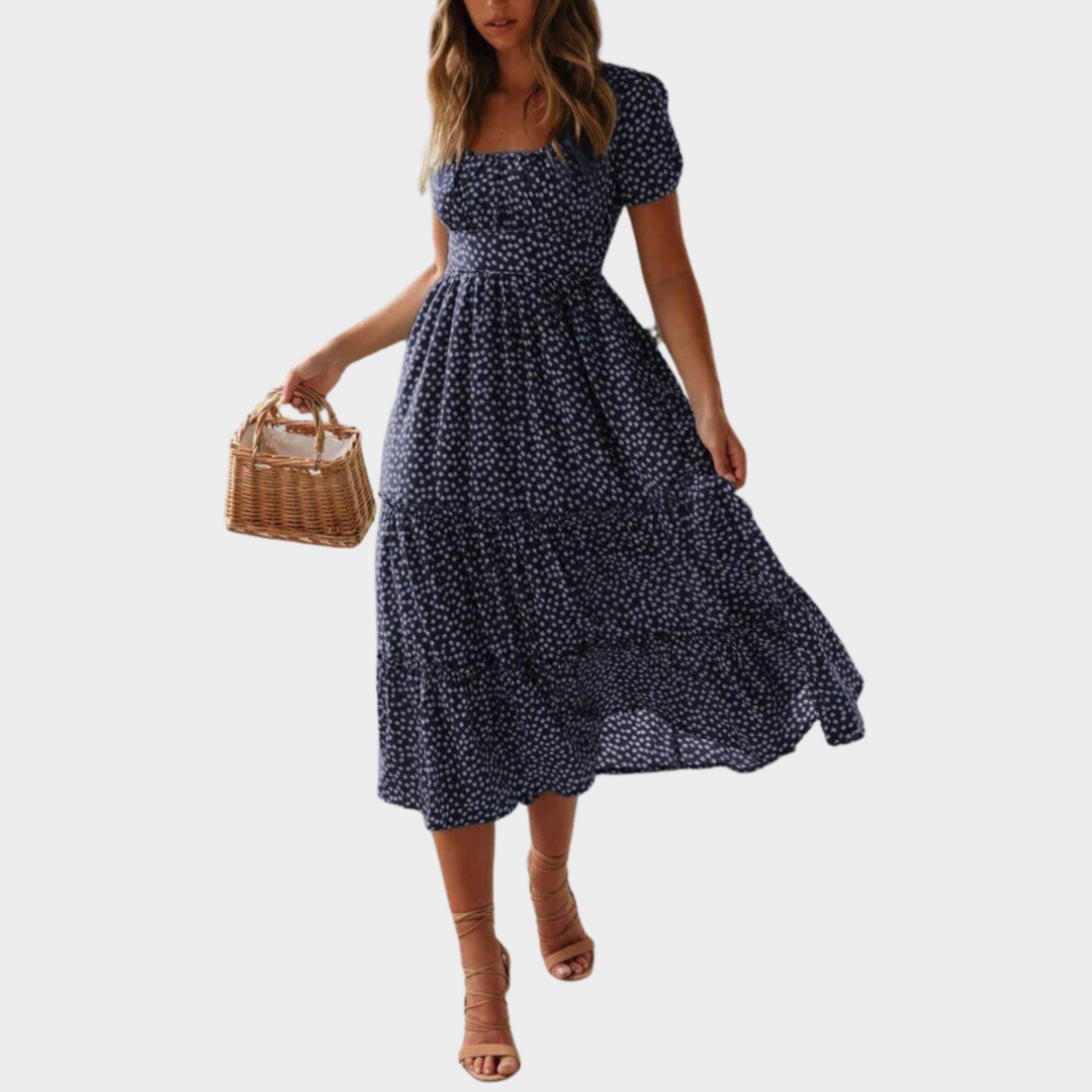 Women's Boho Floral Dress – Square Neck – Puff Sleeve – Chiffon – Elegant Party & Beachwear – Multiple Colours