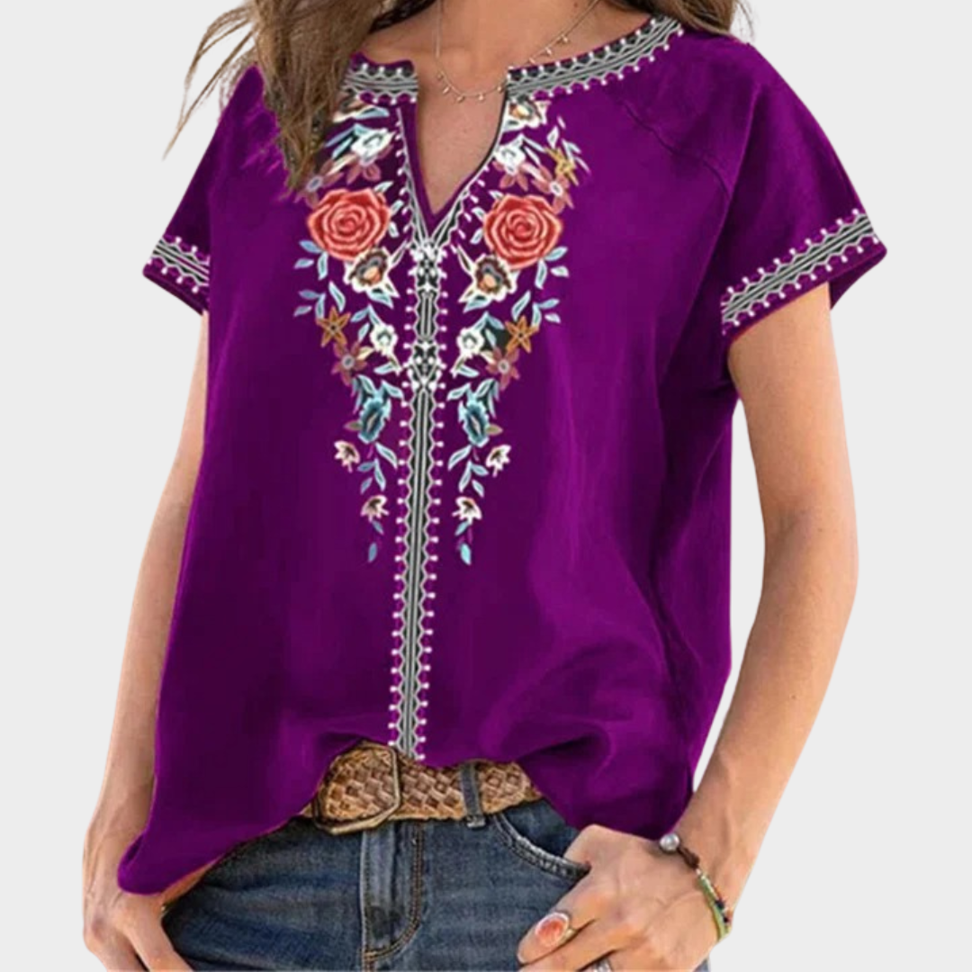 Women’s Printed Loose Fit Top – Ethnic Style V-Neck Short Sleeve Blouse – Boho Harajuku Oversized Design – Lightweight Fabric – Multiple Colours