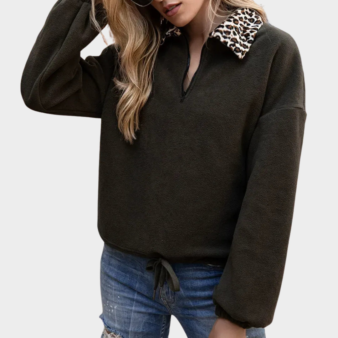 Women’s Faux Fur Collar Fleece Sweatshirt – Relaxed Fit Pullover with Zip Neck and Drawstring Hem – Multiple Colours