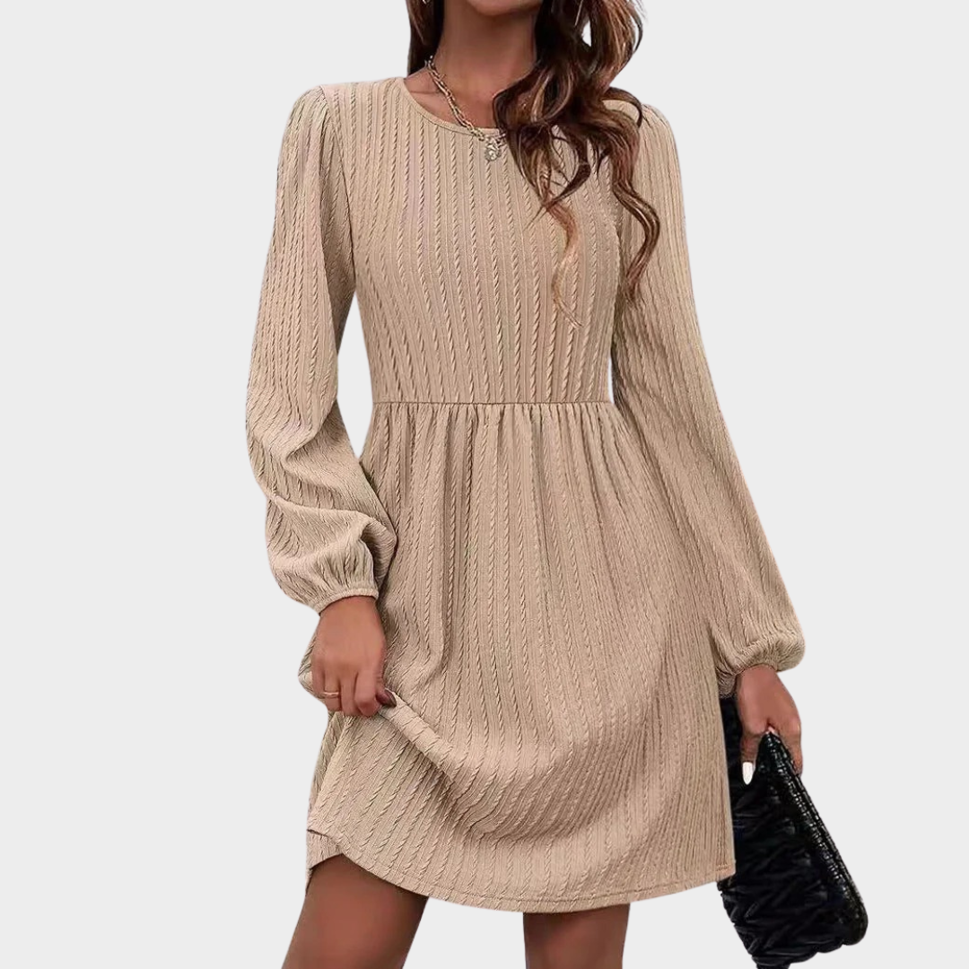 Women’s Knitted Bubble Dress – Long Sleeve Round Neck Embroidered Detail – Elegant Casual Style – Multiple Colours