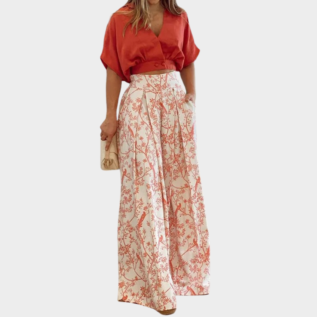 Women’s V-Neck Two-Piece Set – Printed Half Sleeve Top and Wide Leg Pants – Bell Bottom Style – Lightweight Comfortable Fabric – Multiple Colours