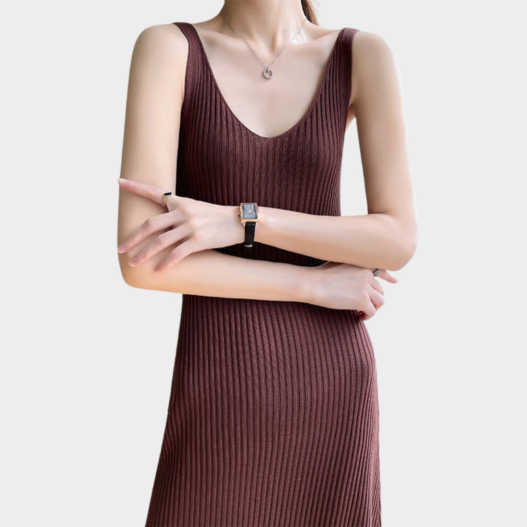 Women's Knitted Sleeveless Maxi Dress - V-Neck - Spaghetti Strap - Multiple Colours