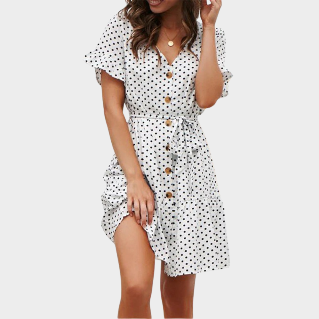 Women's Belted Dress – Short Sleeve Loose Fit with Polka Dot Print and Casual Style – Multiple Colours