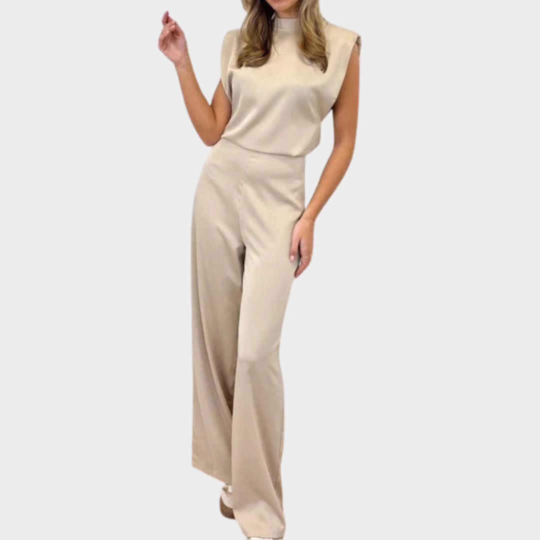 Women Jumpsuit – Round Neck Sleeveless Satin Shirt Style with Backless Hollow Trouser Design – Multiple Colours