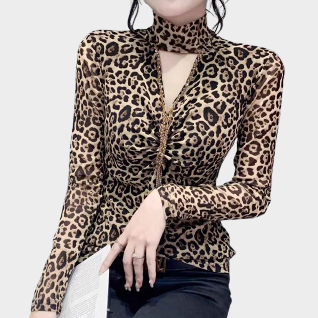 Women’s Long-Sleeved Top – Hollow Out Design – Beaded Detail – Slim Fit – Mesh Fabric – Brown