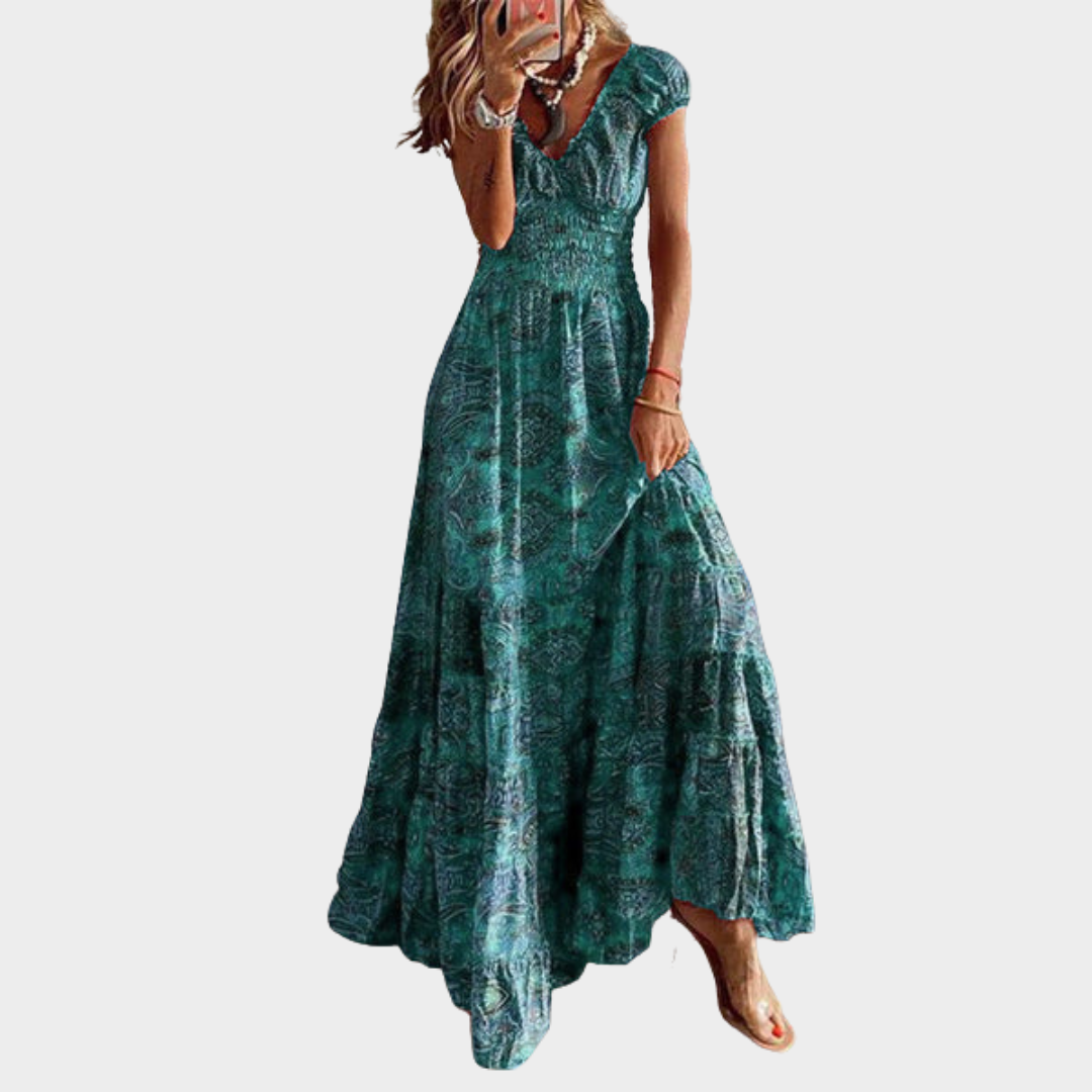 Women's Bohemian A-Line Dress – Floral Print – Petal Sleeves – Waistband – Multiple Colours
