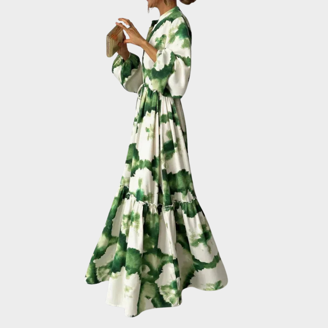 Women’s Boho Maxi Dress – V Neck Long Sleeve A-Line Tie Dye Pleated Fit – Lightweight Tie-Up Waist – Green
