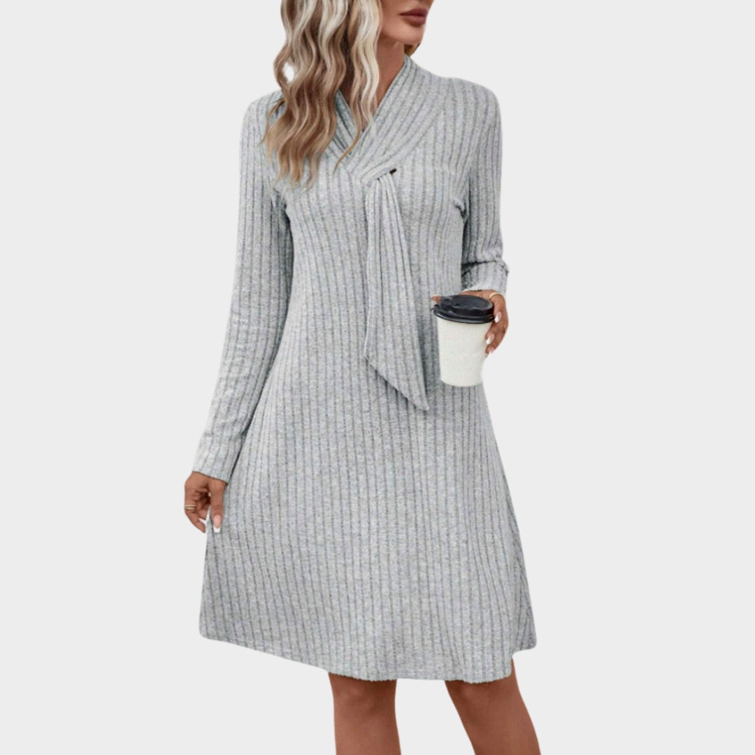 Women’s Grey Long Sleeve Knitted Dress – Close-Fitting Waist, Elegant, Feminine Autumn Winter Wear