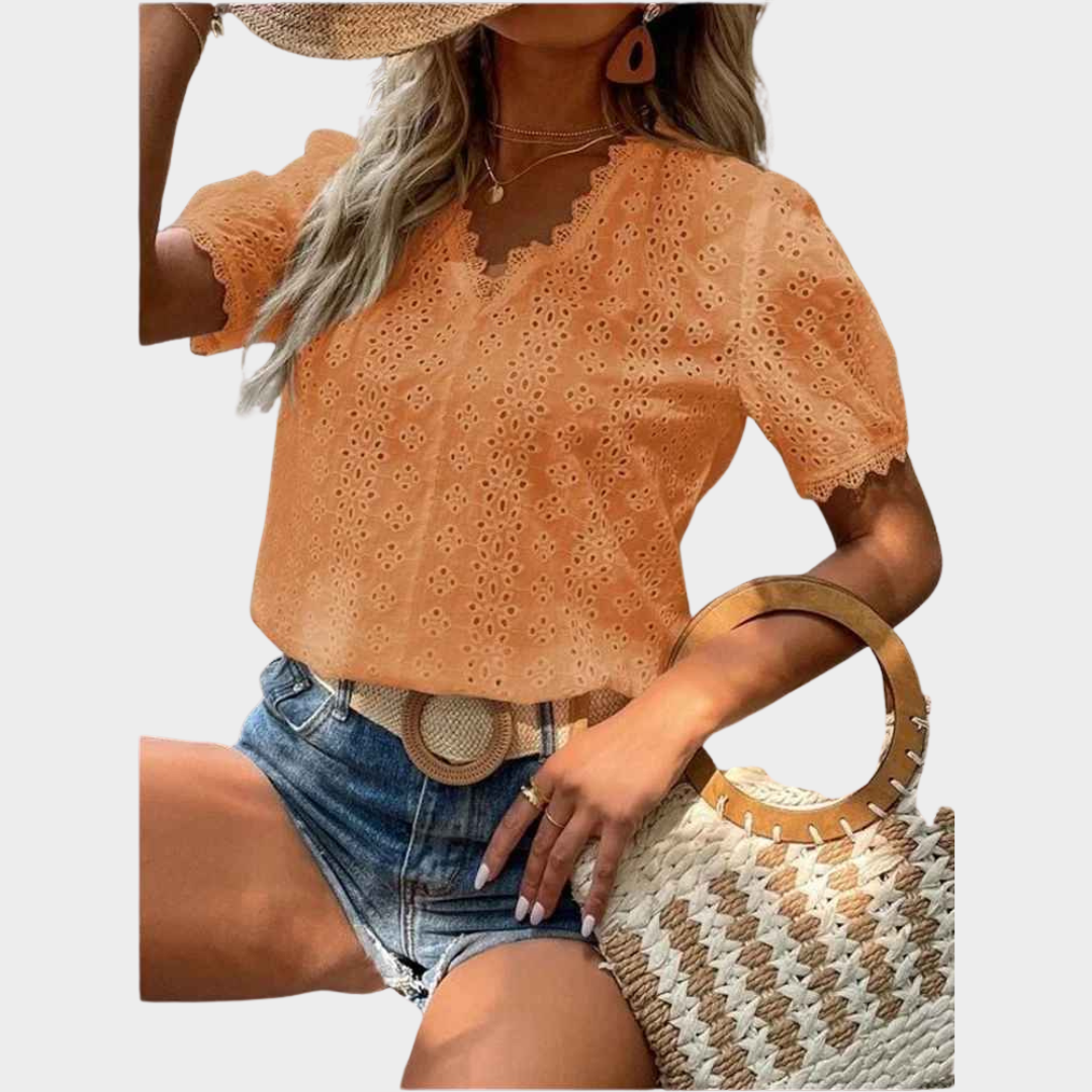 Women Blouse – Short Sleeve Hollow Out Design Lace Detail with Comfortable Fit – Multiple Colours