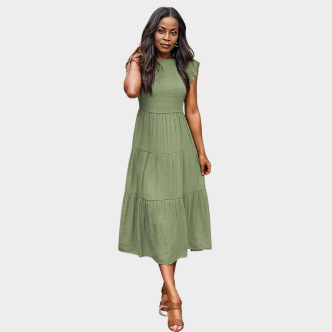 Sleeveless Women's Layered Midi Dress – Smocked Elastic Waist, Round Neckline, Summer Beach Style, Black, White, Green, Pink