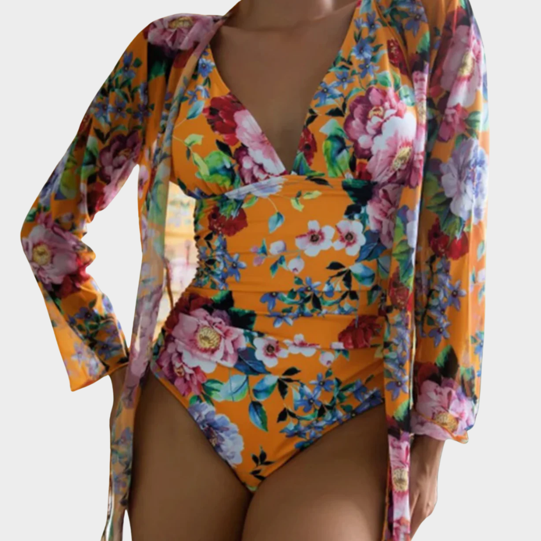 Women One-Piece Swimsuit – Long Sleeve V-Neck Bathing Suit with Lace Cover-Up – Stretch Fit – Multiple Colours