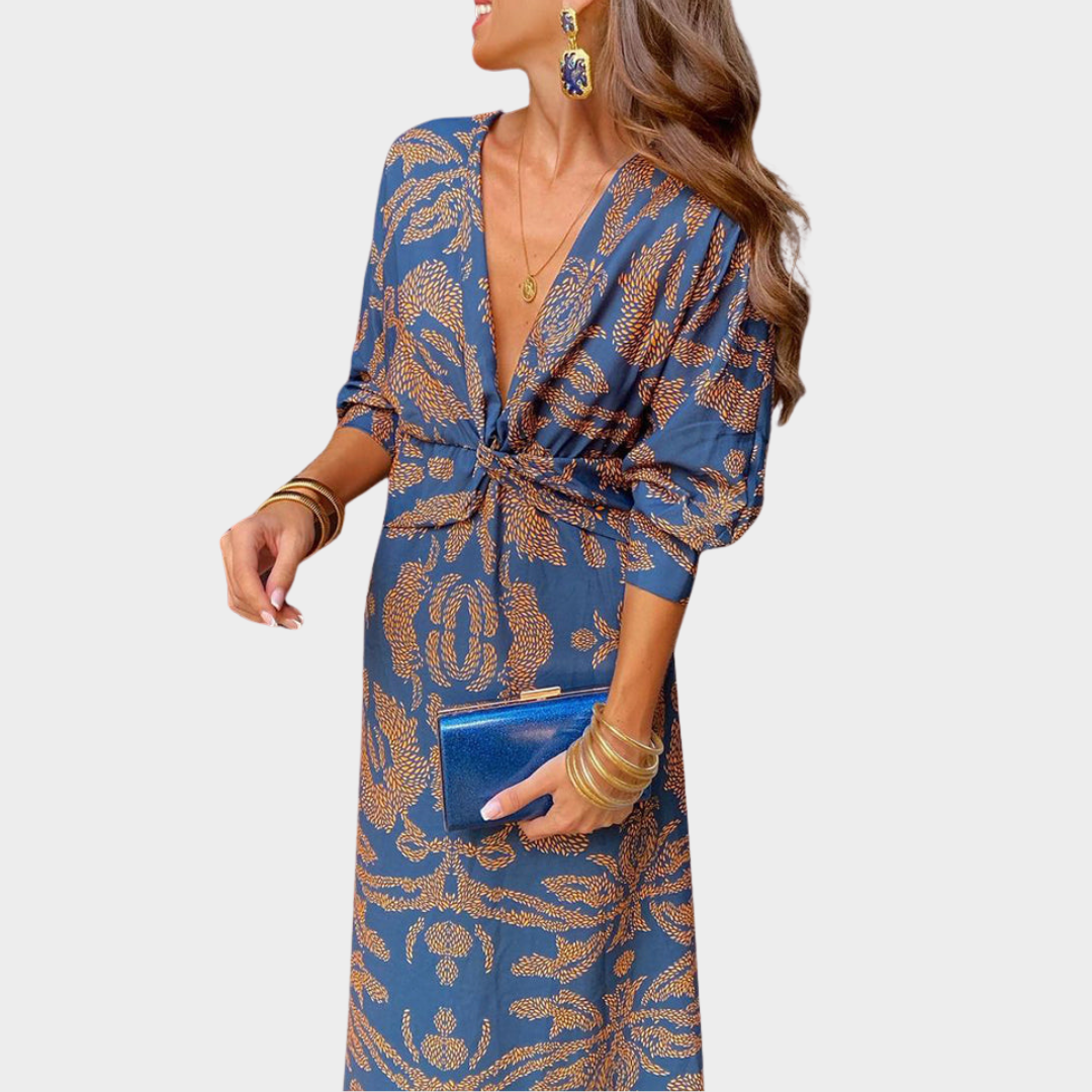 Women's Retro Printed Midi Dress – Elegant Round Neck Long Sleeve Party Dress – Multiple Colours