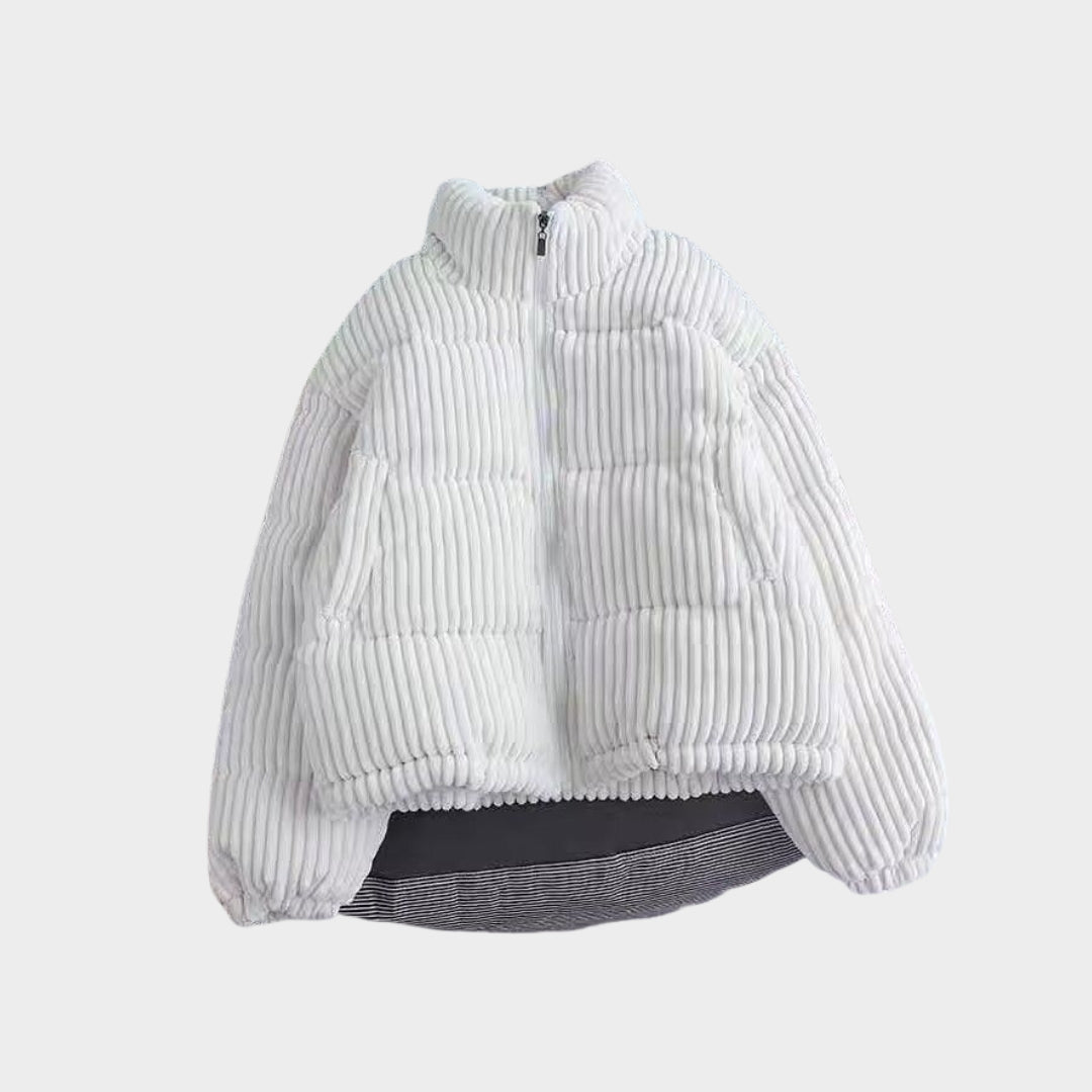 Women’s Corduroy Cotton Jacket - Short Loose-Fit Winter Coat, Fashionable Outerwear, Black, Ivory, Pink