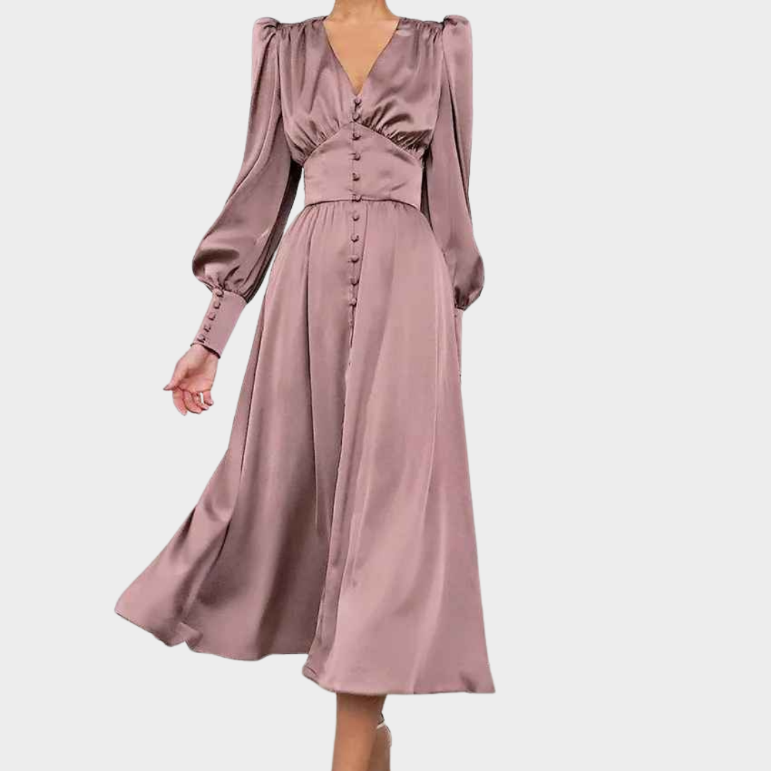 Women's Long Satin Dress - V-Neck Waist-Tie - Elegant Retro Style - Soft Silky Fabric - Multiple Colours