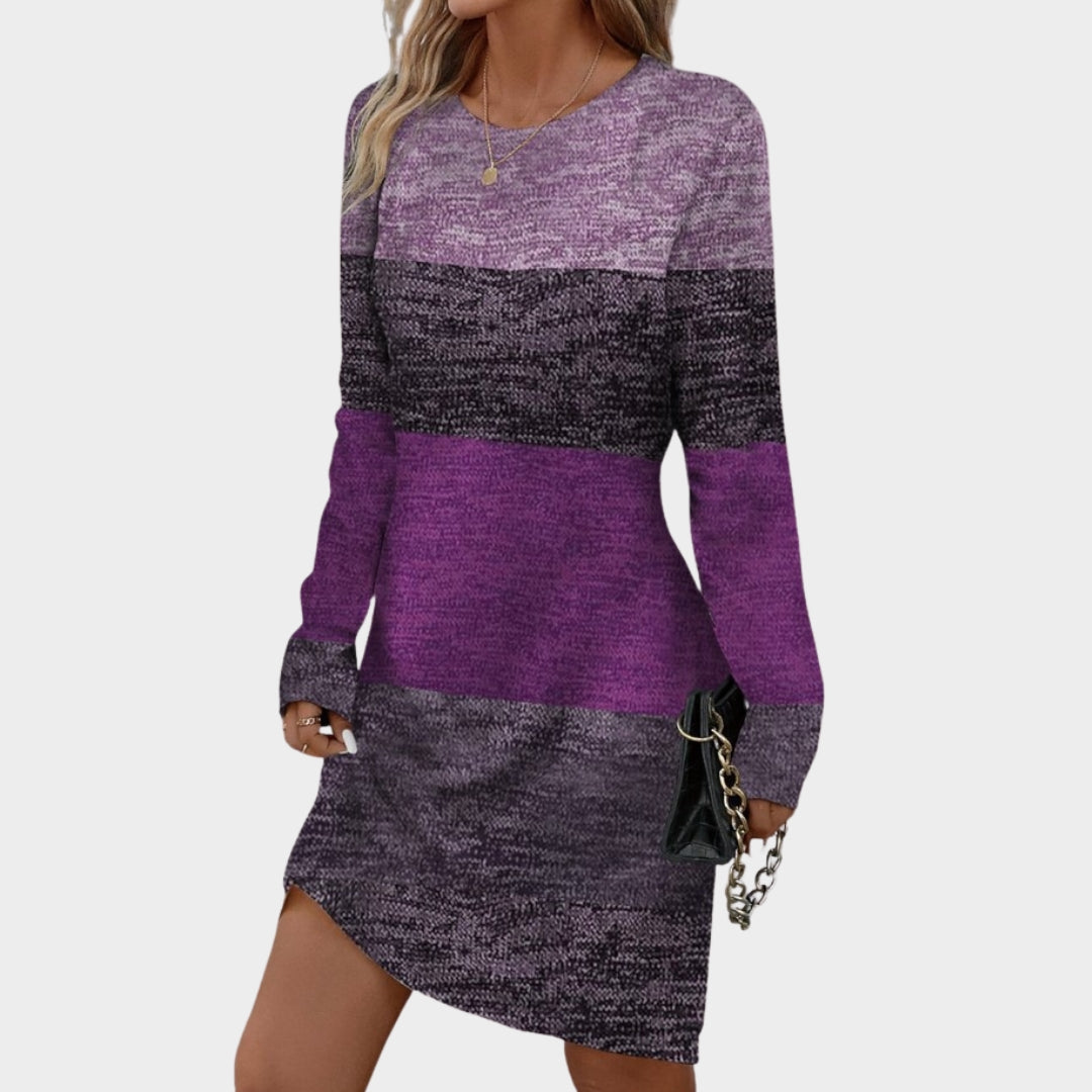 Women's Spring Autumn O-Neck Long Sleeve Casual Dress – Fashion Print, Knee-Length Office Lady Style (Light Brown, Blue, and More)
