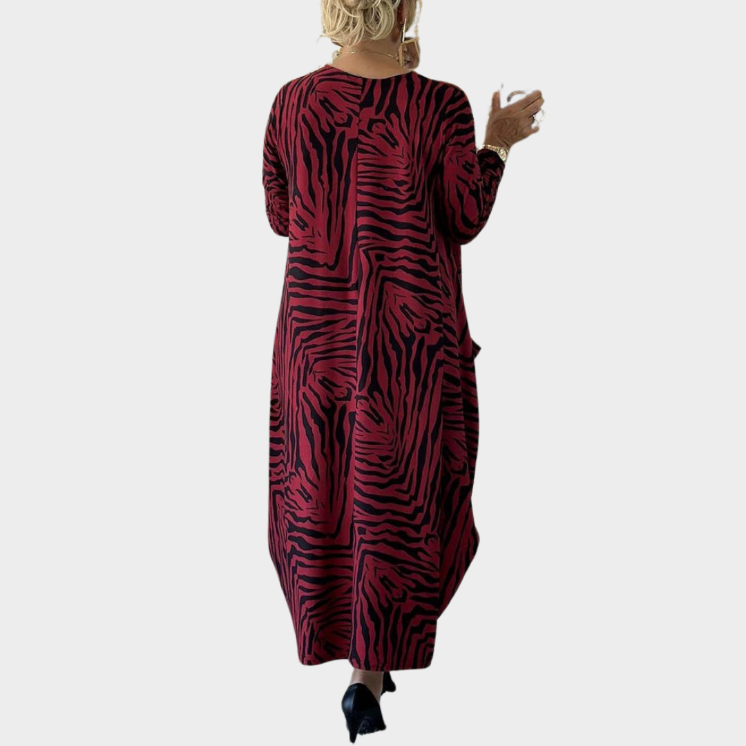 Women's Maxi Dress – Long Sleeve O Neck – Leopard Print – Ankle Length with Pockets – Multiple Colours