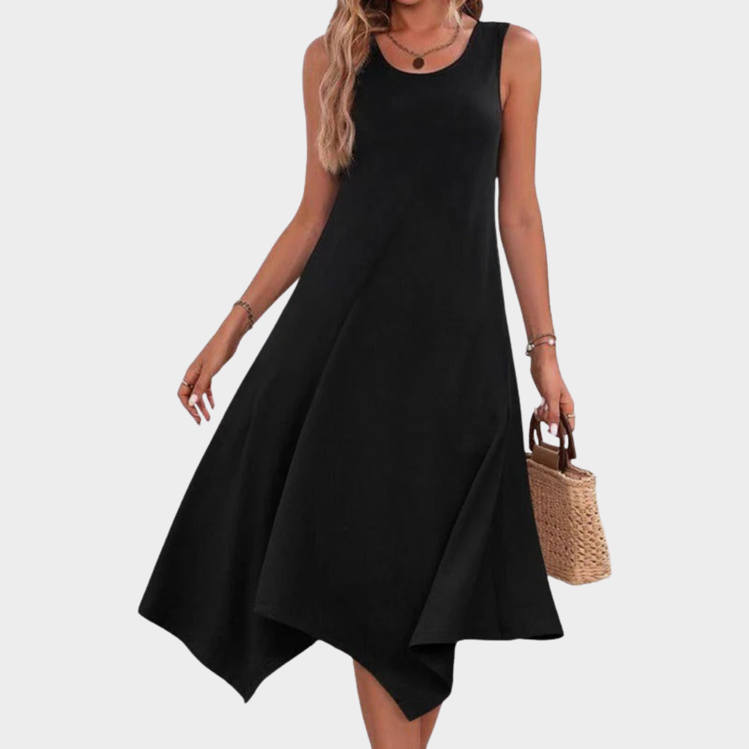 Women Dress – Sleeveless Irregular Hem Swing Style with Printed Design in Cotton Blend – Multiple Colours