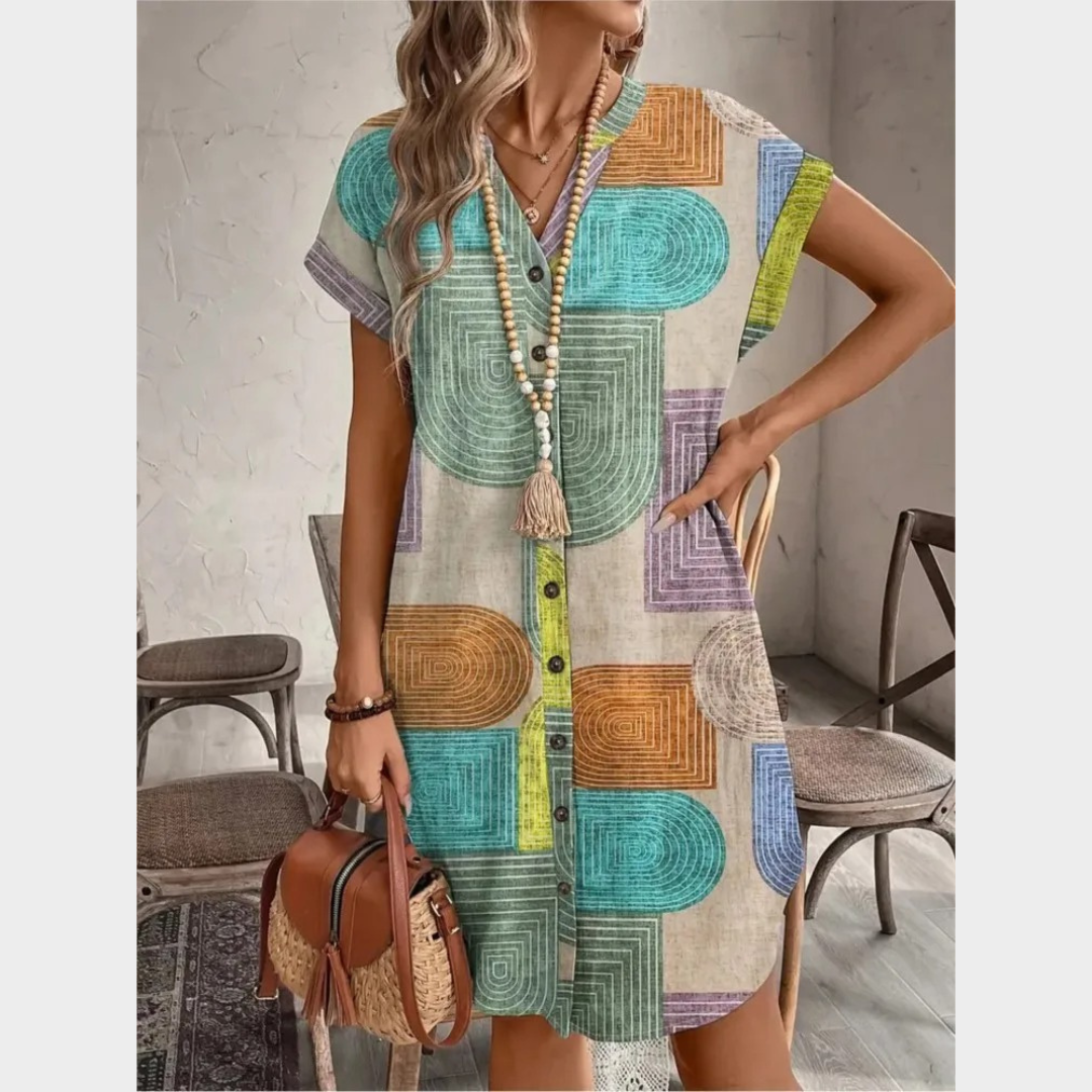 Women’s Vintage Printed Shirt Dress – Elegant V-Neck – Button Front – Colour Block – Relaxed Fit – Multicolour