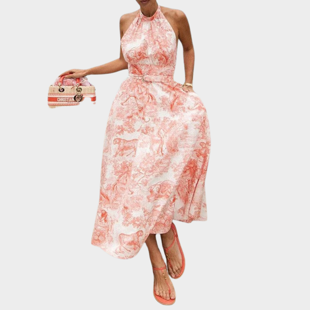 Women’s Elegant Printed Halter Dress – Chic A-Line Swing Dress – Backless Lace-Up – Pink
