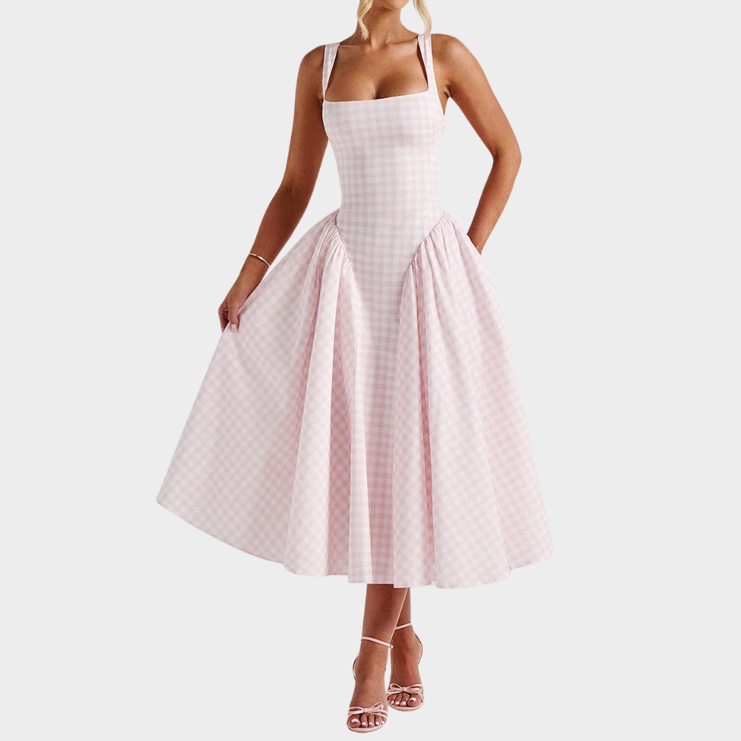 Women’s Midi Dress – Gingham Print with Fitted Bodice – Lace Up Back – Square Neckline – Flowing Skirt – Multiple Colours