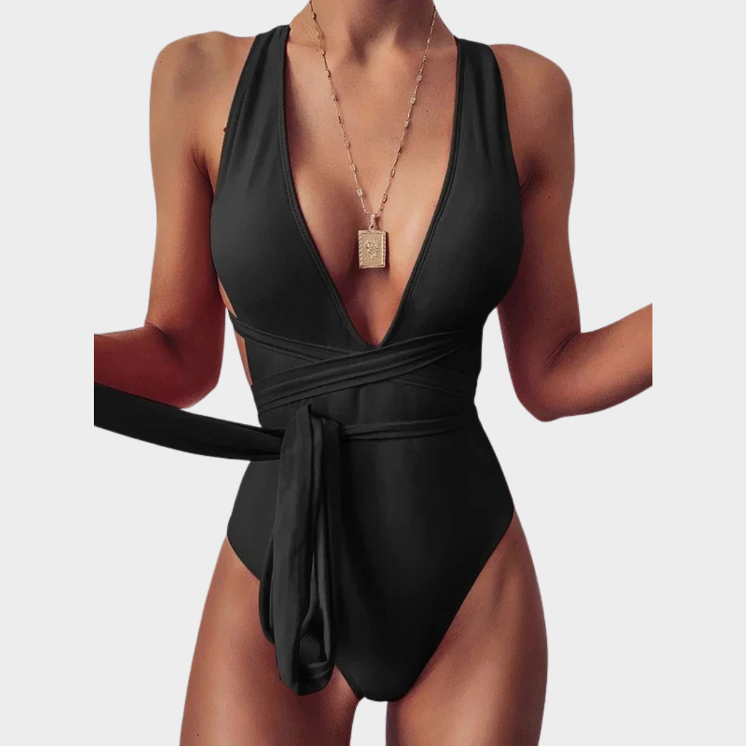 Women One Piece Swimsuit – Deep V Neck Lace-Up Bandage Fit in Stretch Fabric – Multiple Colours