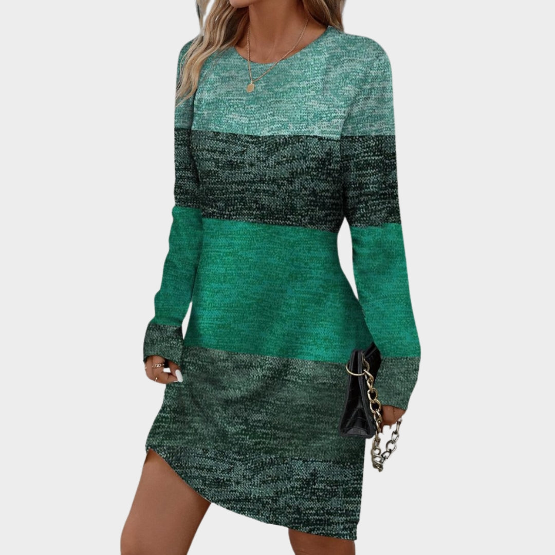 Women's Spring Autumn O-Neck Long Sleeve Casual Dress – Fashion Print, Knee-Length Office Lady Style (Light Brown, Blue, and More)