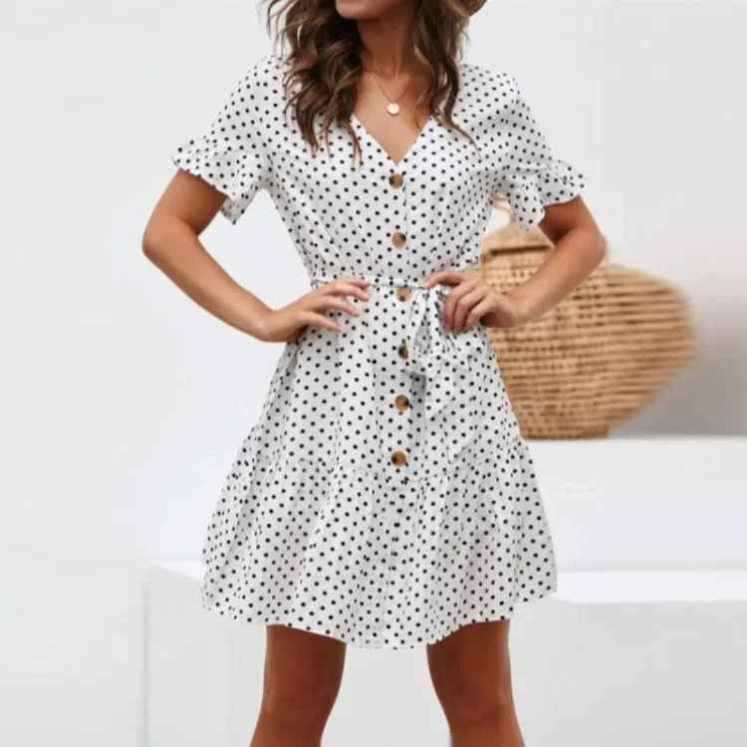 Women's Belted Dress – Short Sleeve Loose Fit with Polka Dot Print and Casual Style – Multiple Colours