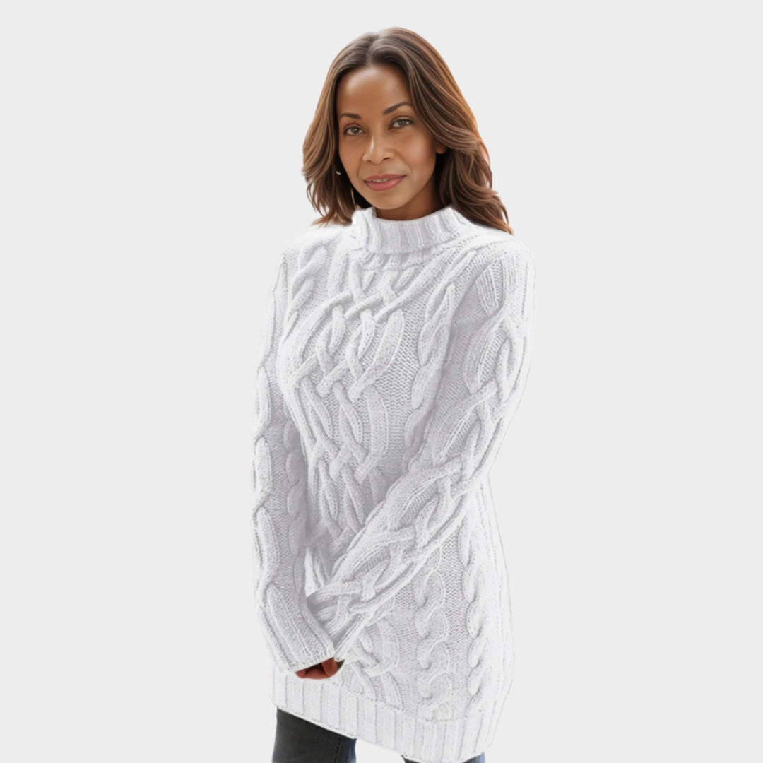 Long Women’s Turtleneck Sweater Dress – Snug Fit, Warm Knit Fabric, Grey, Purple, Beige, White
