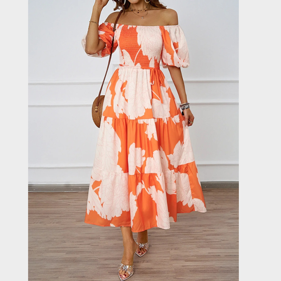 Women Backless Maxi Dress – Floral Print Slash Neck Puff Sleeve Fit – Multiple Colours