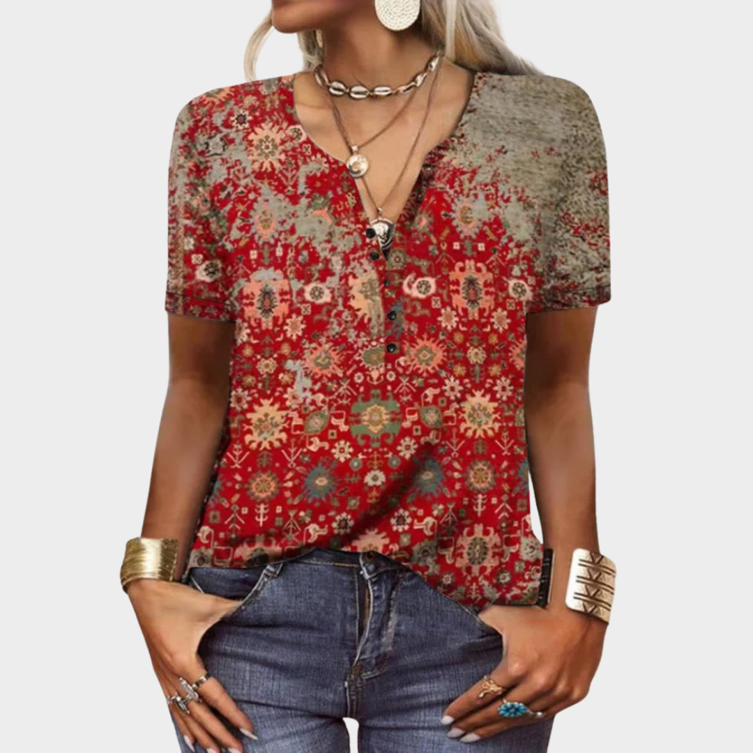 Women's Short Sleeve Blouse – Loose Fit – Ethnic Style – 3D Flower Print – Button-Up – Multiple Colours
