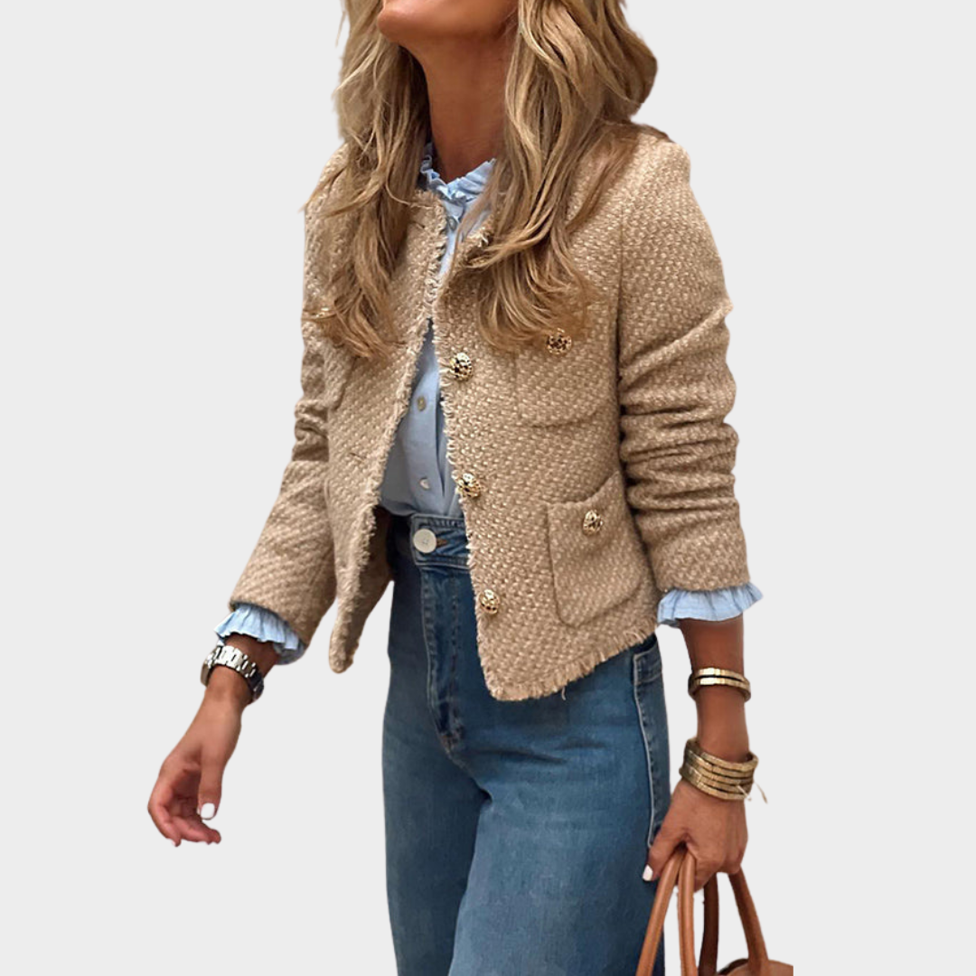 Women's Tweed Cropped Jacket – Single-Breasted – Round Collar – Long Sleeve – Elegant Pocket Coat – Beige