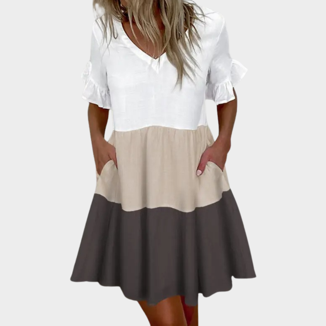Women’s Floral Mini Dress – V-Neck Short Sleeve Fit – Loose Ruffle Design with Pockets – Lightweight Soft Fabric – Casual Elegant Look – Multiple Colours