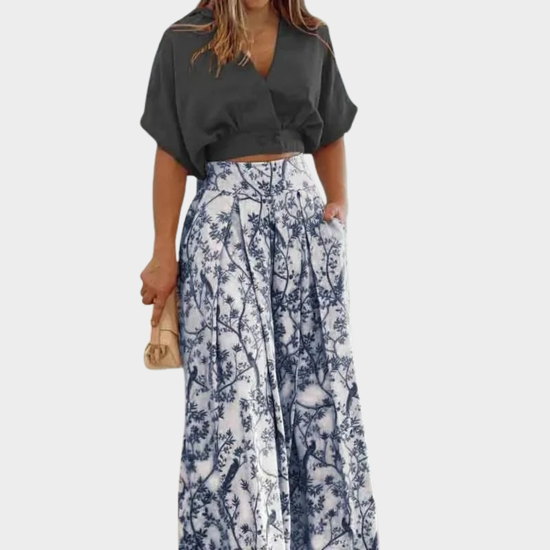Women Two Piece Set – V-Neck Short Top and Wide Leg Trousers – Loose Fit – Printed Polyester – Multiple Colours