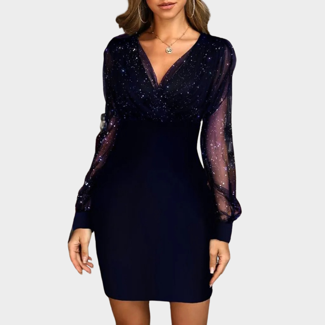 Women's Mini Dress – V-Neck Sheer Long Sleeve Dress – Elegant Party Dress – Fitted Silhouette – Multiple Colours