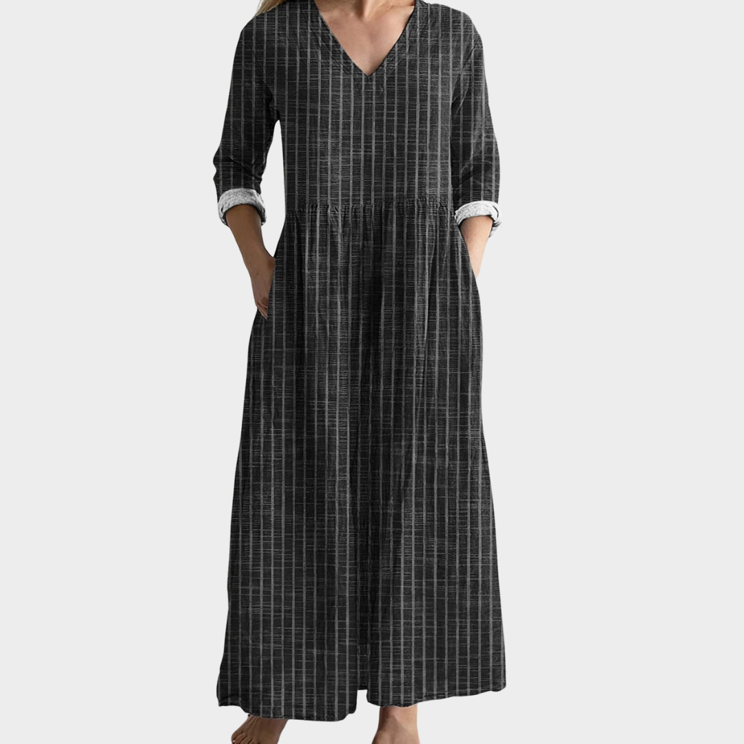Women’s Maxi Dress – Relaxed Fit – V-Neck – Striped Pattern – Long Sleeve – Natural Fibre – Multiple Colours